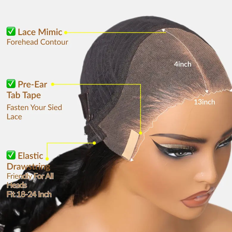 13x4 Lace Frontal Human Hair Body Wave Wig Pre-Cut Pre-Bleached Pre-Plucked 180% Density Adjustable Drawstring Beginner Friendly