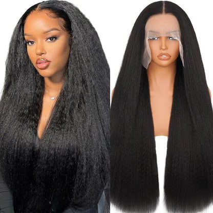 13x6 Lace Front Synthetic Wig 26" Kinky Straight Pre-Plucked 180% Density Yaki Heat Resistant Hair for Black Women