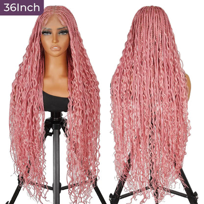 36" Full Lace Bohemian Knotless Boho Box Braided Wig – Pink, Lightweight, Breathable, Natural Look, Long-Lasting