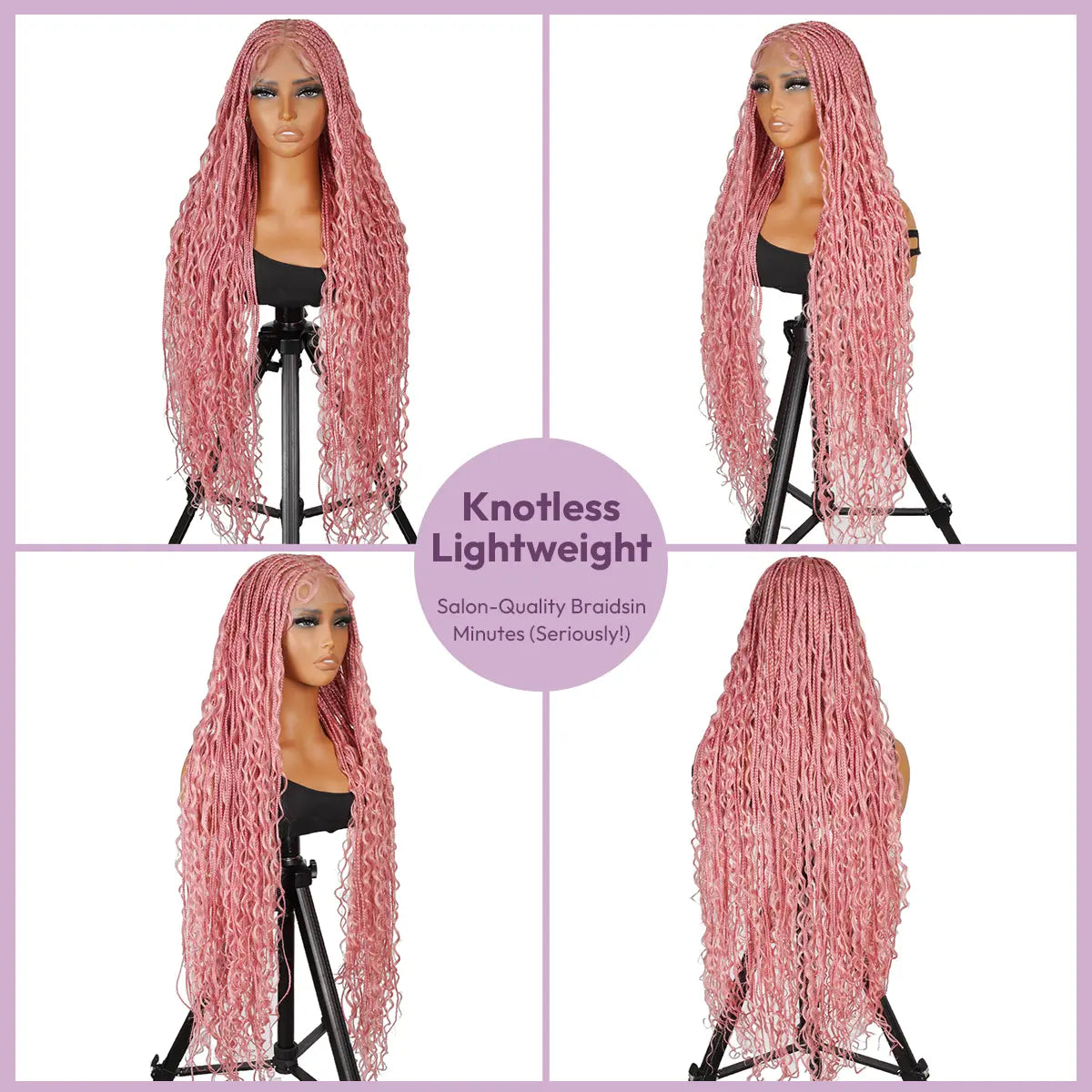 36" Full Lace Bohemian Knotless Boho Box Braided Wig – Pink, Lightweight, Breathable, Natural Look, Long-Lasting