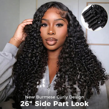 Full Burmese Curly 13x6 Lace Frontal Glueless Wig – #4 Chocolate Brown, 220% Density, Water Wave Virgin Human Hair, Pre-Plucked Natural Hairline