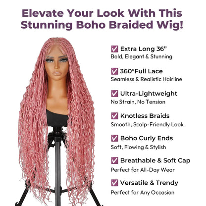 36" Full Lace Bohemian Knotless Boho Box Braided Wig – Pink, Lightweight, Breathable, Natural Look, Long-Lasting