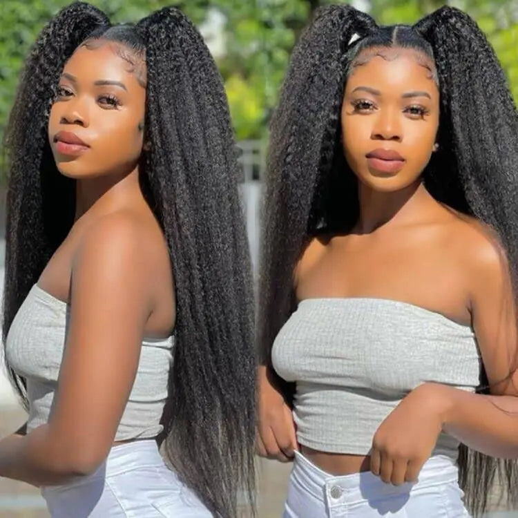 13x6 Lace Front Synthetic Wig 26" Kinky Straight Pre-Plucked 180% Density Yaki Heat Resistant Hair for Black Women