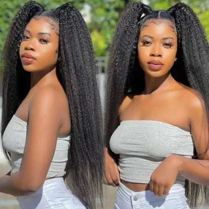 13x6 Lace Front Synthetic Wig 26" Kinky Straight Pre-Plucked 180% Density Yaki Heat Resistant Hair for Black Women