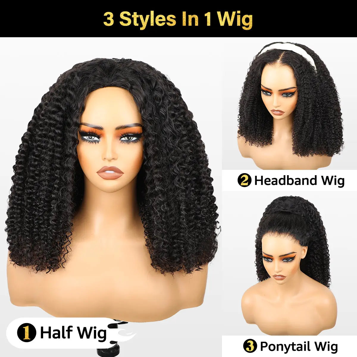 Afro Curly Glueless Half Wig Human Hair 180%–250% Density Drawstring Cap Invisible Hairline Beginner Friendly