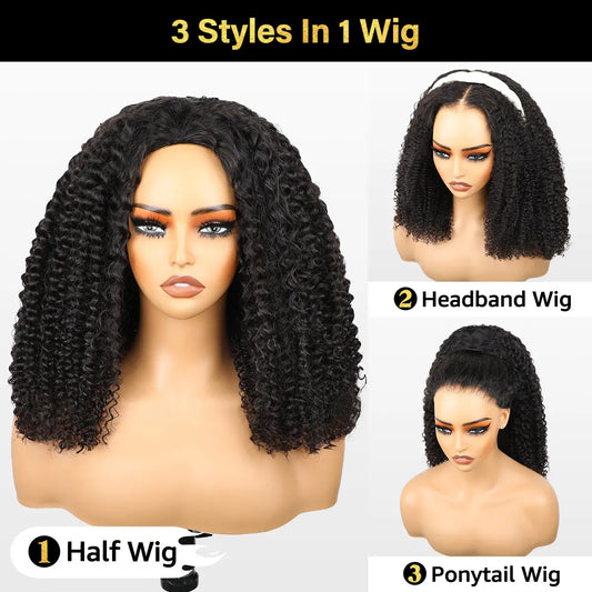 Afro Curly Glueless Half Wig Human Hair 180%–250% Density Drawstring Cap Invisible Hairline Beginner Friendly