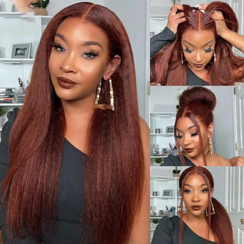 13x6 Lace Front Synthetic Wig 26" Kinky Straight Pre-Plucked 180% Density Yaki Heat Resistant Hair for Black Women